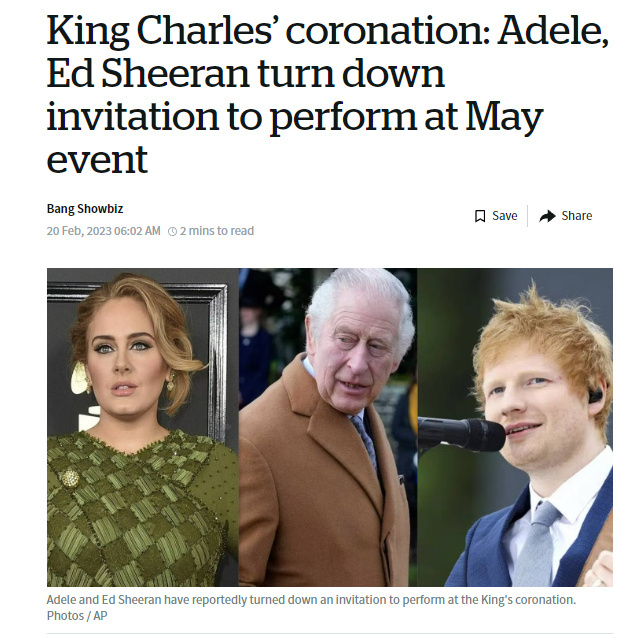 查尔斯国王加冕礼阿黛尔拒绝献唱