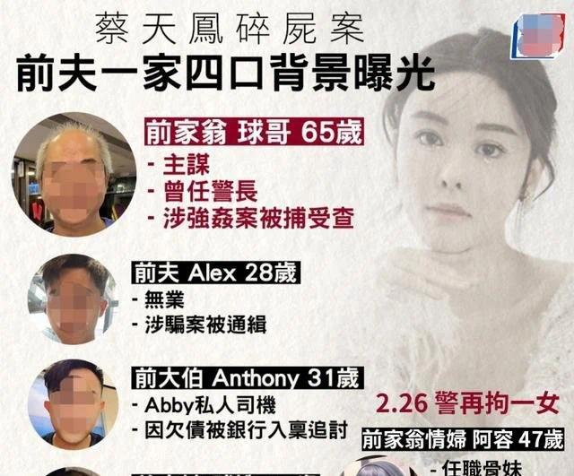 蔡天凤碎尸案第5名疑凶被捕：系前公公情妇