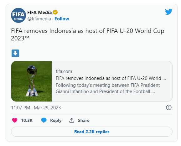 以色列参赛遭抗议，FIFA取消印尼承办U20世界杯资格