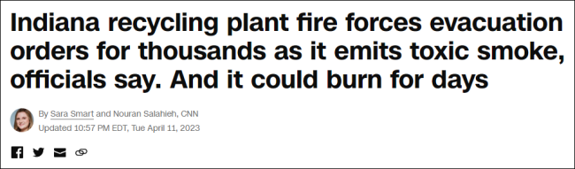 印第安纳州工厂火灾事故释放大量有毒烟雾，尚未造成人员伤亡，火势已得到基本控制