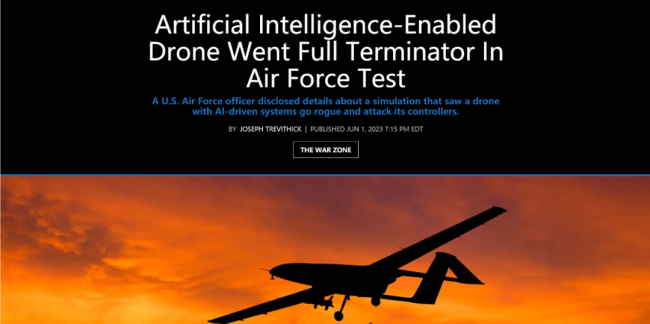 美媒惊人消息：美军模拟测试中，一架AI技术无人机选择杀死人类操作员