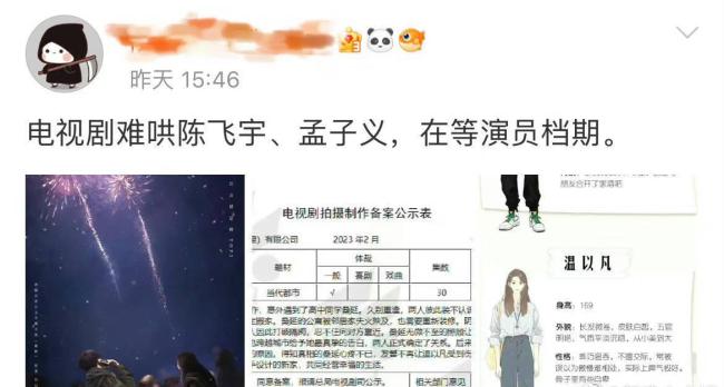 网传陈飞宇将与孟子义出演《难哄》 粉丝发文否认