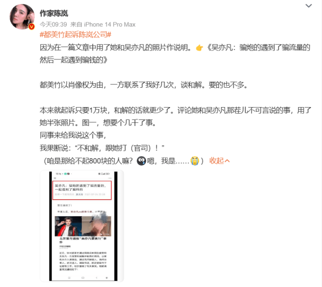 陈岚回应被都美竹起诉：不和解，跟她打